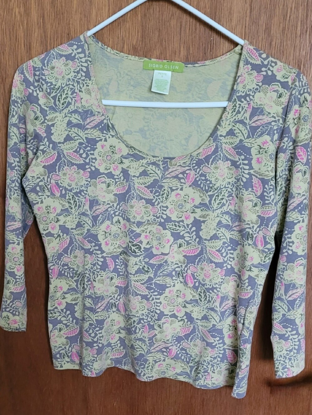 Sigrid Olsen Gray 3/4-Sleeve Scoop Neck Top with Pink & Cream Floral